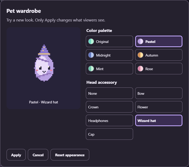 Chirblins wardrobe with a pastel palette and wizard hat selected